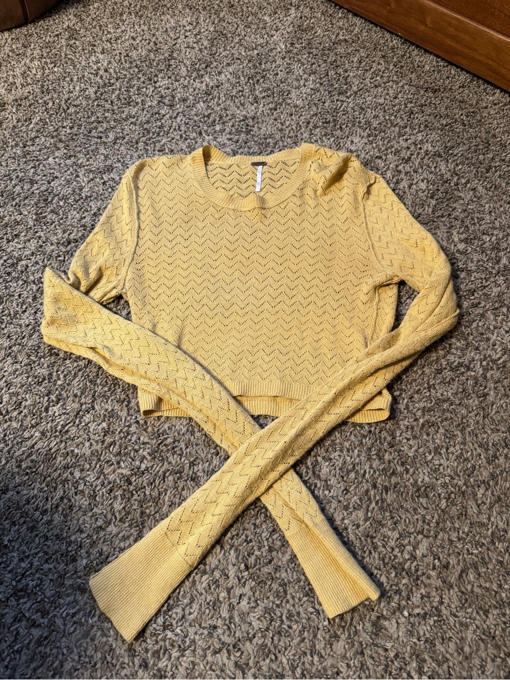 Free People Sunny Yellow Chevron Eyelet Crew Sweater